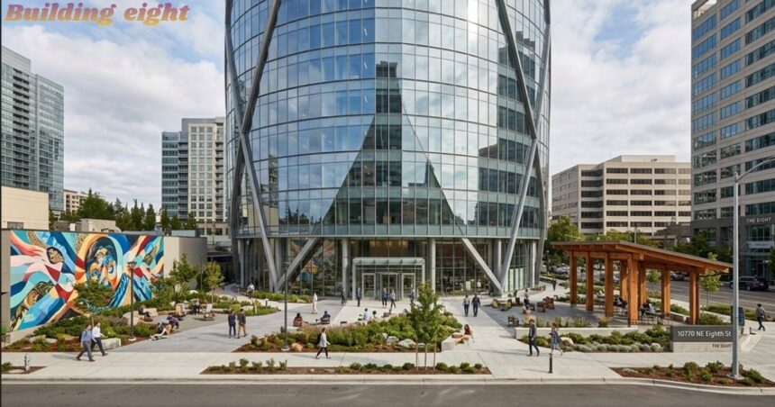 Building Eight modern glass office building with landscaped plaza and surrounding city buildings.