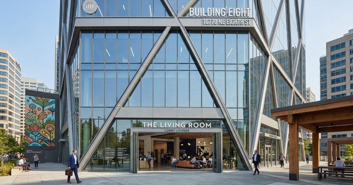 Building Eight glass-fronted office building entrance with The Living Room lobby lounge and landscaped outdoor plaza.