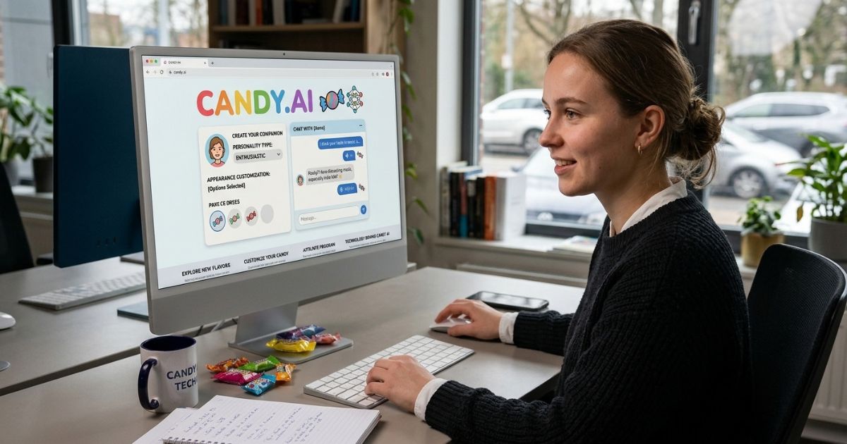 A woman working on a computer displaying the Candy.Ai interface, which shows options to create a digital companion and customize personality and appearance.