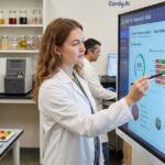 A scientist using the Candy.Ai Innovation Suite interface on a large interactive touchscreen display in a food technology laboratory.