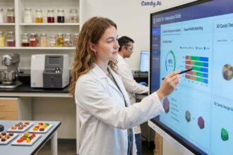 A scientist using the Candy.Ai Innovation Suite interface on a large interactive touchscreen display in a food technology laboratory.