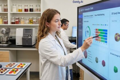 A scientist using the Candy.Ai Innovation Suite interface on a large interactive touchscreen display in a food technology laboratory.
