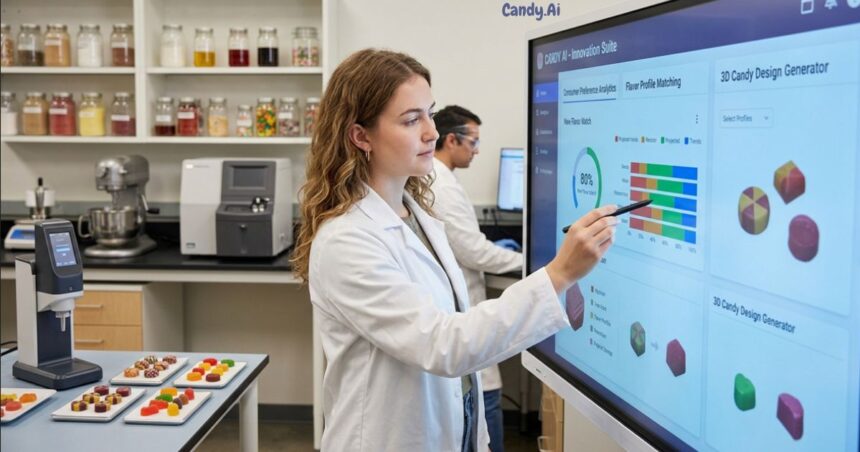 A scientist using the Candy.Ai Innovation Suite interface on a large interactive touchscreen display in a food technology laboratory.