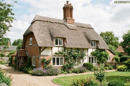 Traditional exterior view of Caston House featuring a thatched roof, brick and timber framing, a brick chimney, and a lush front garden with a gravel driveway.