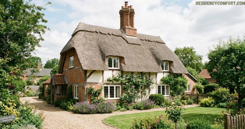 Traditional exterior view of Caston House featuring a thatched roof, brick and timber framing, a brick chimney, and a lush front garden with a gravel driveway.
