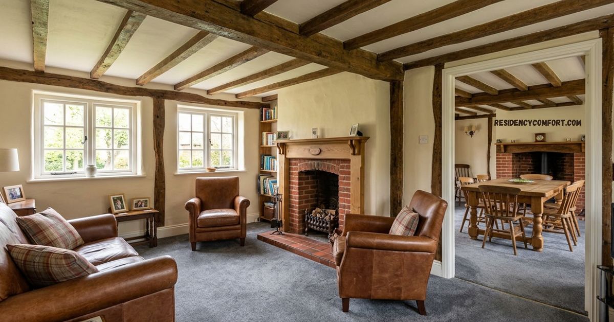 Rustic living room inside Caston House featuring exposed wooden ceiling beams, leather armchairs, a brick fireplace, and an doorway leading to a wooden dining set.