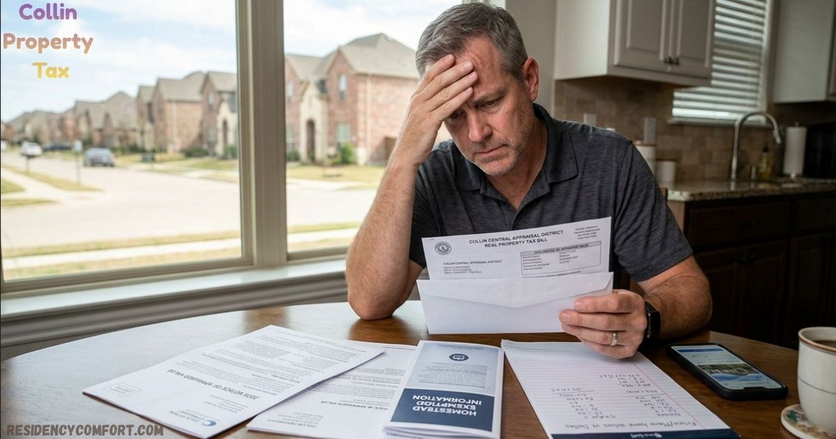 Man reviewing a Collin property tax bill with financial documents at home.