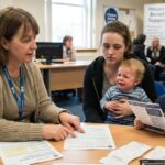 Citizens Advice Scotland adviser helping a family with a Discretionary Housing Payment application and housing benefit support.