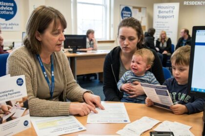 Citizens Advice Scotland adviser helping a family with a Discretionary Housing Payment application and housing benefit support.