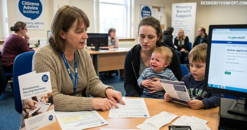 Citizens Advice Scotland adviser helping a family with a Discretionary Housing Payment application and housing benefit support.