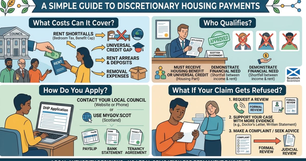 Simple guide infographic explaining Discretionary Housing Payment, covered rent costs, eligibility, application process, and appeal options.