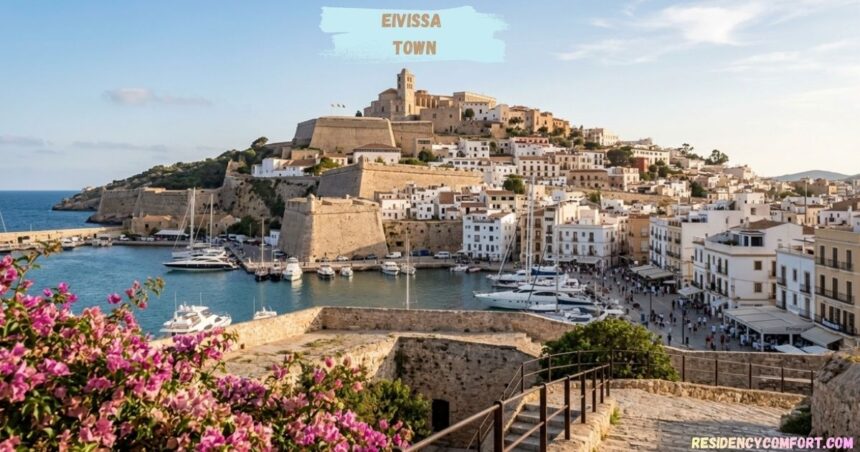 Eivissa Town historic hilltop buildings, stone fortress, harbor, and boats overlooking the Mediterranean Sea.