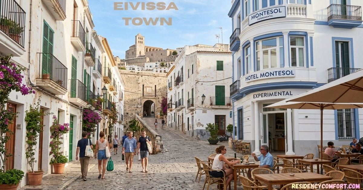 Eivissa Town historic cobblestone street with white buildings, Hotel Montesol, and a hilltop church.