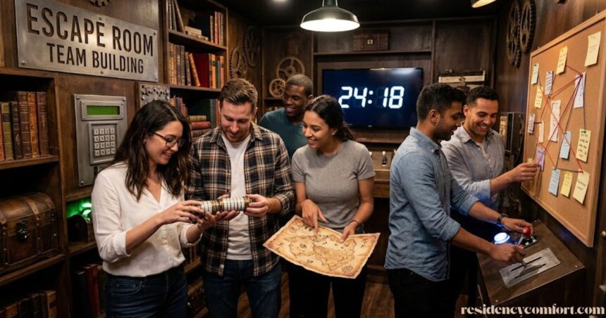 Escape Room Team Building activity with coworkers solving puzzles and clues together.