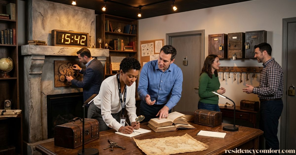 Escape Room Team Building activity with coworkers solving puzzles, examining clues, and working together.