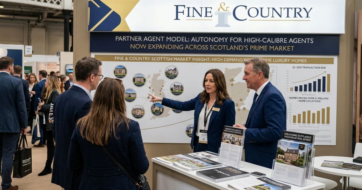 A Fine & Country representative presenting Scottish prime real estate market insights to attendees at a trade show exhibition booth.