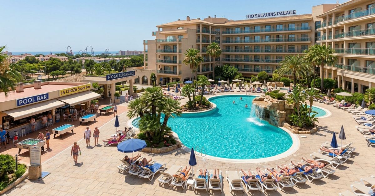 H10 Salauris Palace hotel with a large swimming pool, palm trees, and sun loungers.