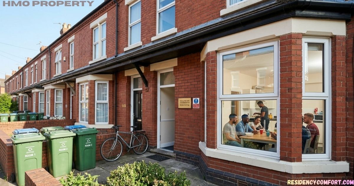 Street view of a terraced red brick HMO property with numbered wheelie bins and a bicycle outside, visible tenants sitting inside the ground-floor bay window kitchen.