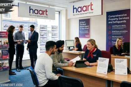 Haart estate agents office with staff assisting clients and discussing property services.