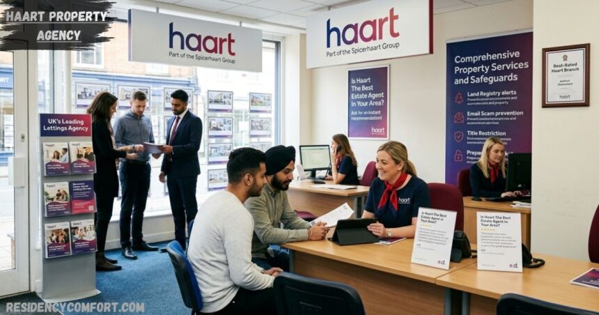 Haart estate agents office with staff assisting clients and discussing property services.
