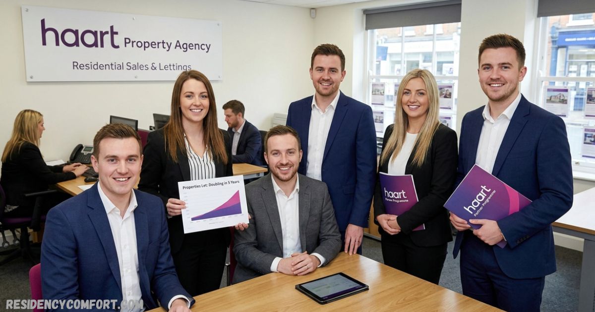 Haart property agency team posing together in an office with residential sales and lettings materials.