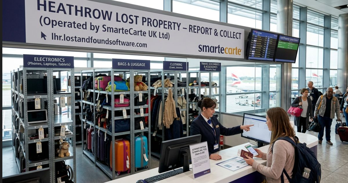 Heathrow lost property counter with staff assisting passengers and organizing lost luggage, electronics, clothing, and travel items.