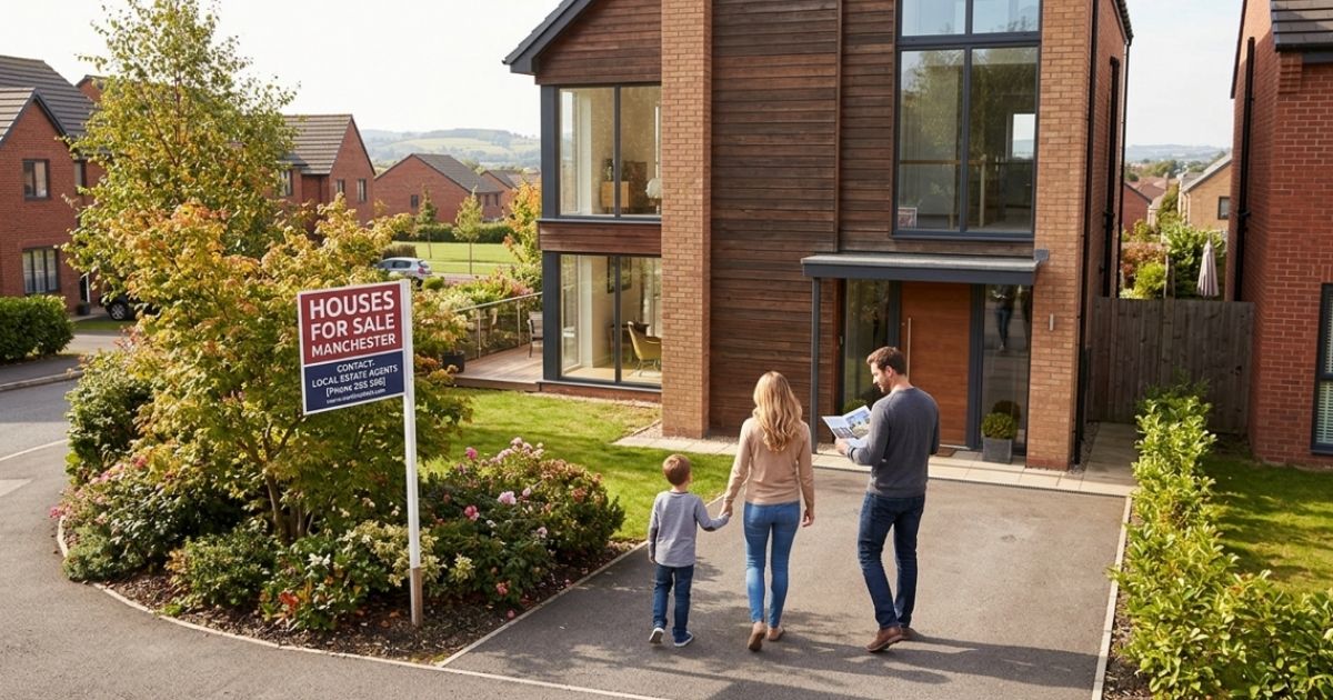 Modern family home for sale in Manchester with a family viewing the property.