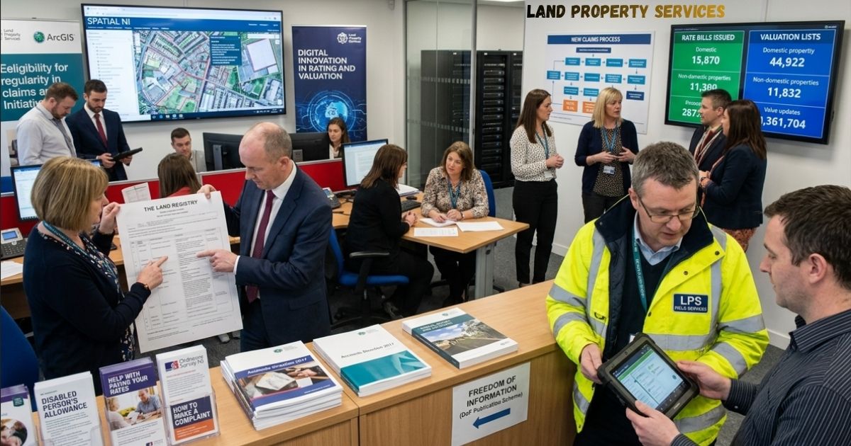 Land property services office with staff reviewing land registry documents, property valuation data, GIS maps, and rate information.