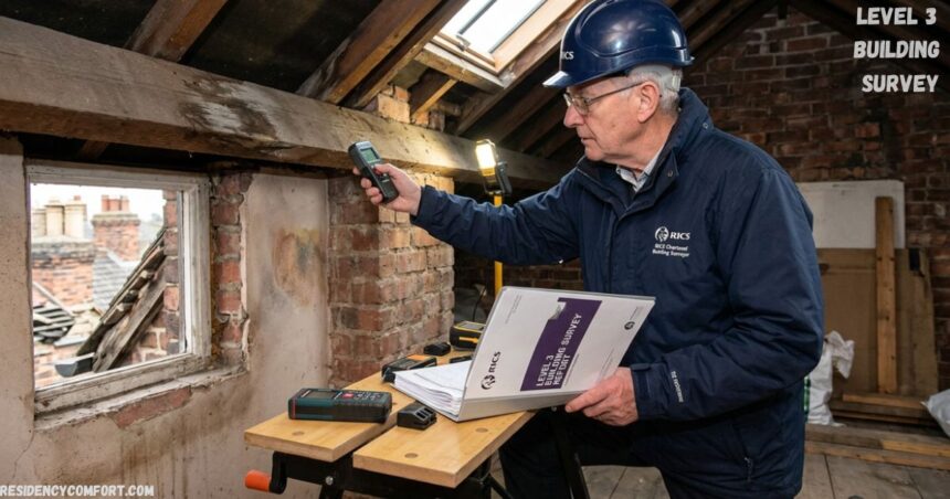 RICS certified surveyor inspecting an old property loft for a Level 3 building survey report, holding testing equipment near exposed brick walls and wooden beams.