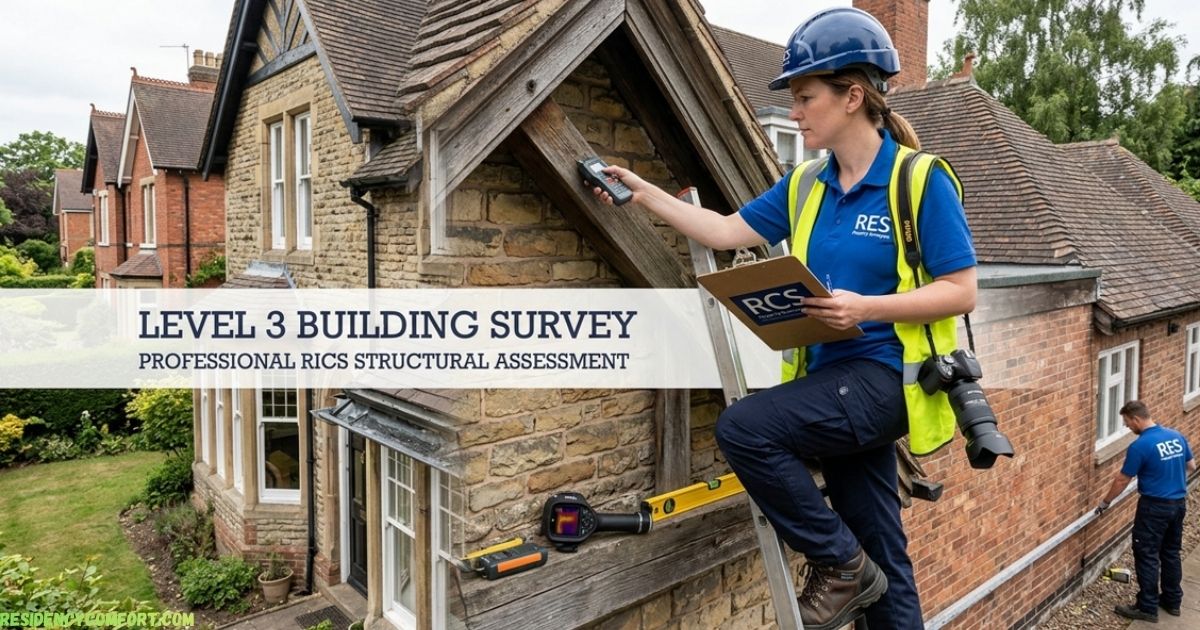 RICS surveyor using digital tools on a ladder during a Level 3 building survey to assess the exterior structural condition of a residential property.