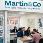 Martin & Co estate agency office with staff assisting clients and property listings displayed in the window.