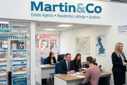 Martin & Co estate agency office with staff assisting clients and property listings displayed in the window.