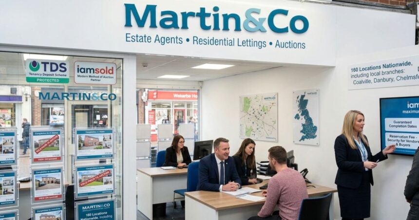 Martin & Co estate agency office with staff assisting clients and property listings displayed in the window.