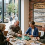 Four older adults playing a board game together in a modern community space with housing information displayed on the wall.