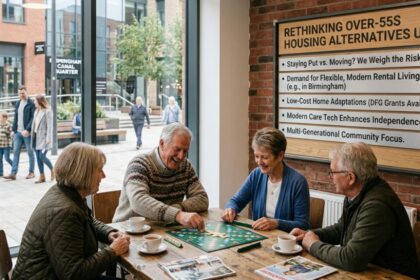 Four older adults playing a board game together in a modern community space with housing information displayed on the wall.