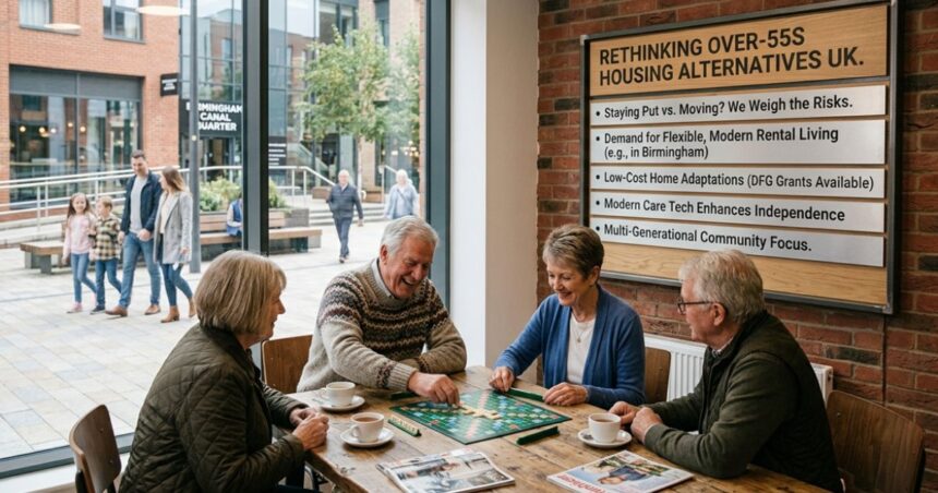 Four older adults playing a board game together in a modern community space with housing information displayed on the wall.
