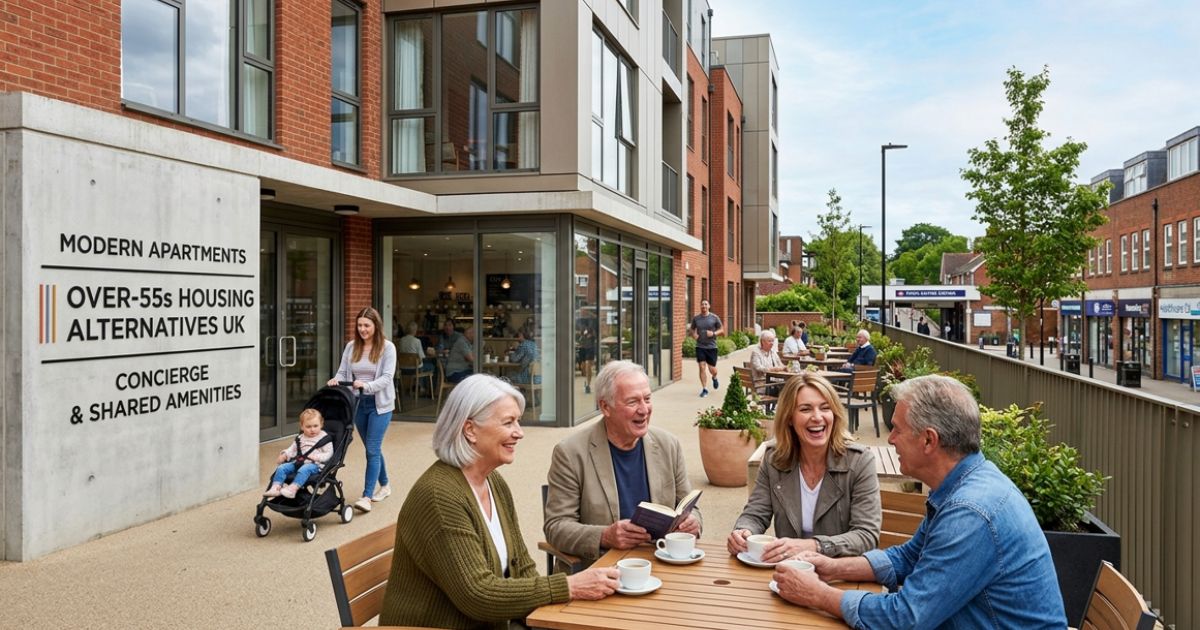 Modern over-55s apartments with shared amenities and older adults enjoying coffee in an outdoor community area.