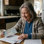 Elderly woman reviewing a PA property tax rebate check and documents at a kitchen table.