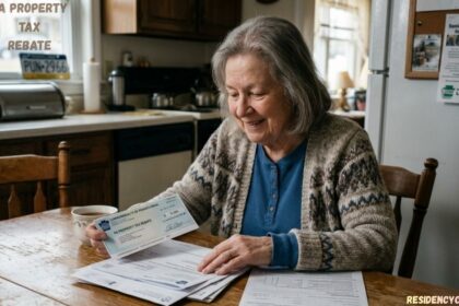 Elderly woman reviewing a PA property tax rebate check and documents at a kitchen table.