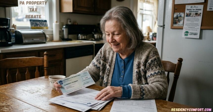 Elderly woman reviewing a PA property tax rebate check and documents at a kitchen table.