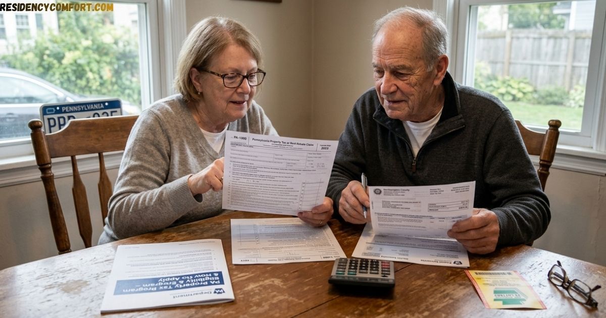 Older couple reviewing PA Property Tax Rebate forms and documents at a dining table.