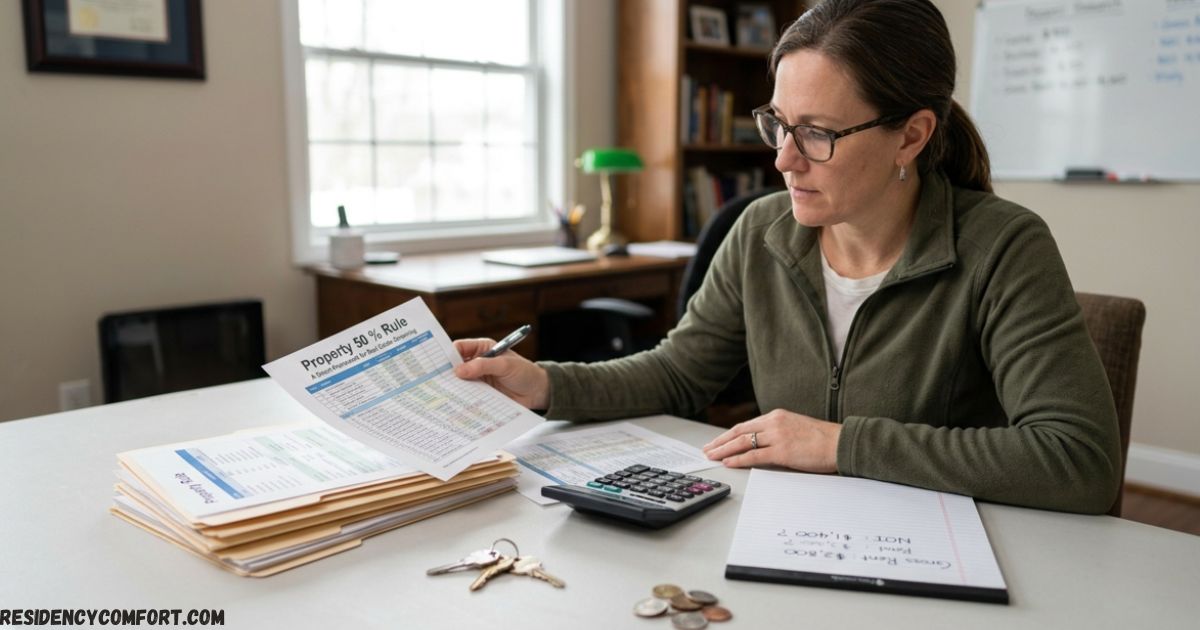 Woman reviewing a Property 50 Rule document with a calculator, paperwork, and house keys on a desk.