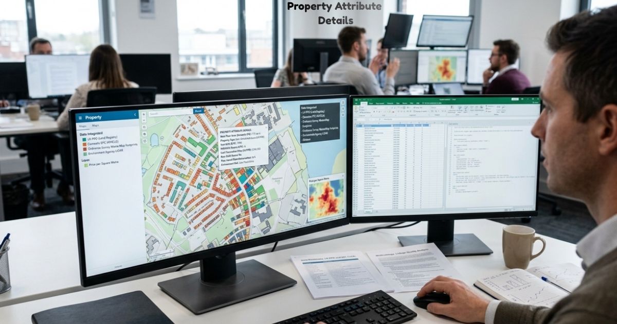 Property attribute analysis in an office, with dual monitors displaying a property map and spreadsheet data while a professional reviews real estate information.