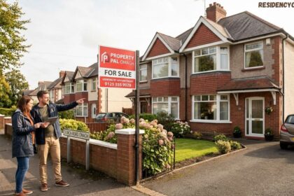 Property Pal Omagh for sale sign outside a residential house in Omagh with buyers viewing the property.
