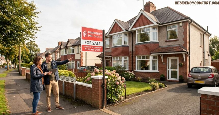 Property Pal Omagh for sale sign outside a residential house in Omagh with buyers viewing the property.