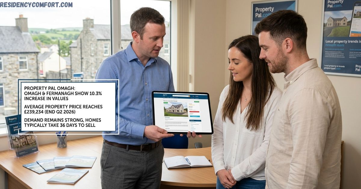 Property Pal Omagh agent showing a property listing to buyers in an estate agency office.