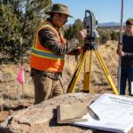 Property survey cost assessment with surveyor using equipment in a rural area.
