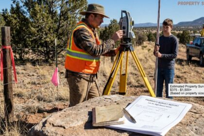 Property survey cost assessment with surveyor using equipment in a rural area.