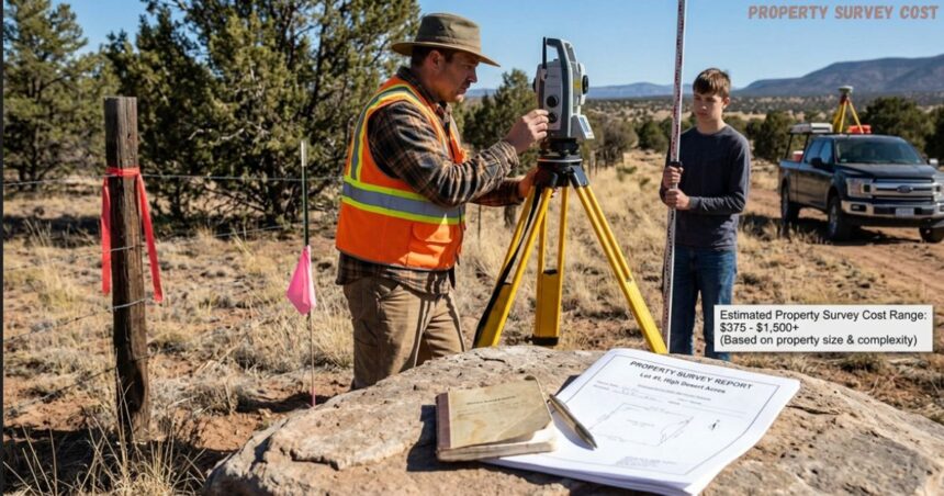 Property survey cost assessment with surveyor using equipment in a rural area.