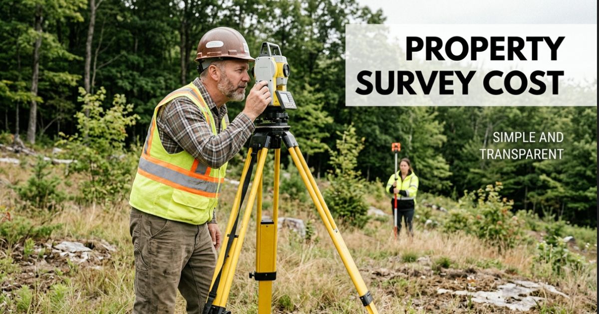 Property survey cost inspection with a surveyor using surveying equipment in a wooded area.